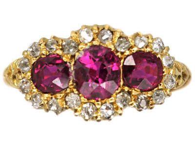 Victorian 18ct Gold, Three Stone Ruby & Diamond Triple Cluster Ring