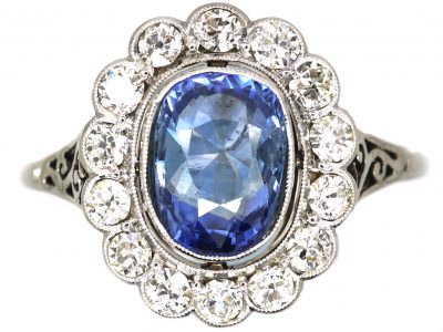 Edwardian 18ct White Gold, Sapphire & Diamond Cluster Ring