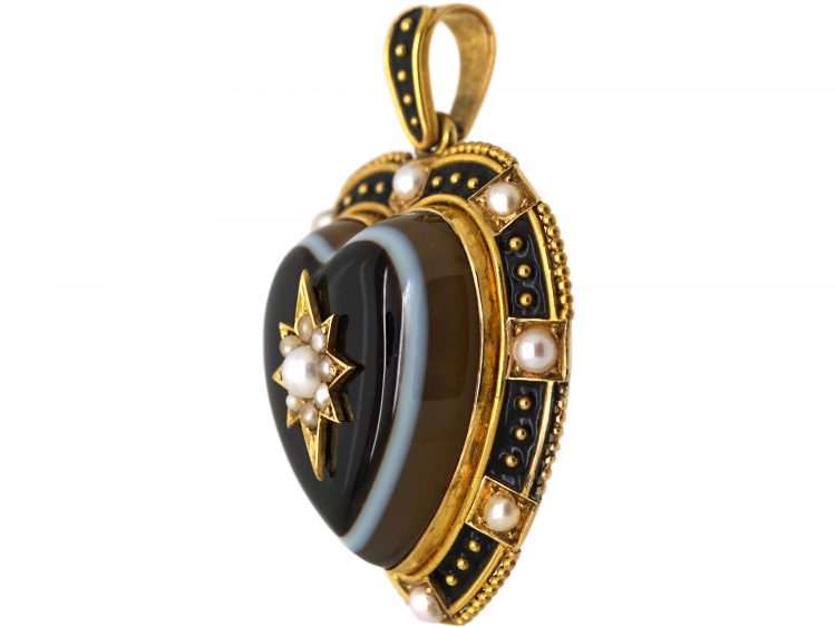 Victorian 18ct Gold Heart Shaped Onyx, Blacke Enamel & Natural Split Pearl Pendant in Original Case