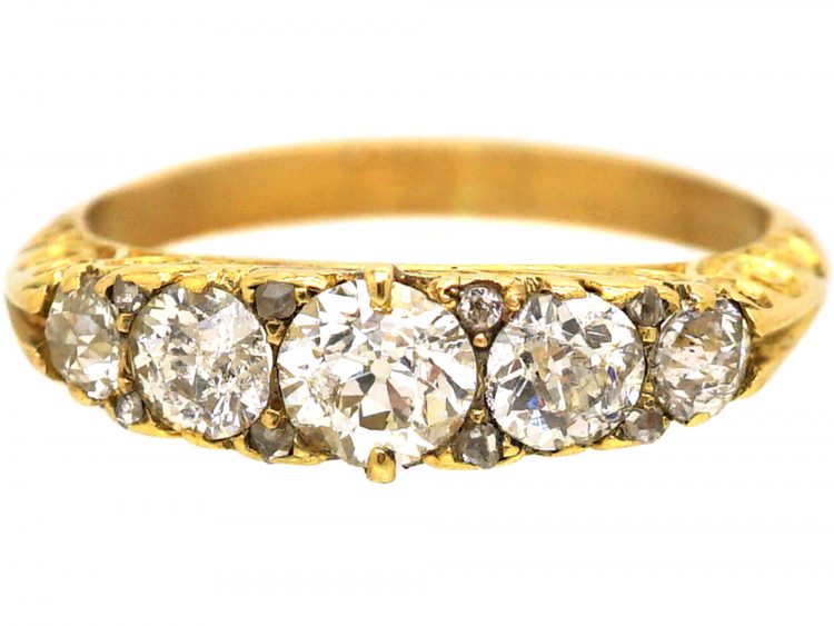 Victorian 18ct Gold & Five Stone Diamond Carved Half Hoop Ring