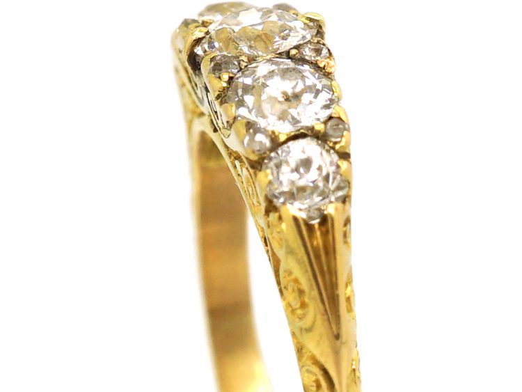Victorian 18ct Gold & Five Stone Diamond Carved Half Hoop Ring