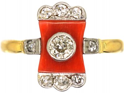 Art Deco 18ct Gold & Platinum, Carnelian & Diamond Ring