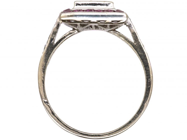Art Deco 18ct White Gold, Aascher Cut Diamond & French Cut Ruby Square Ring