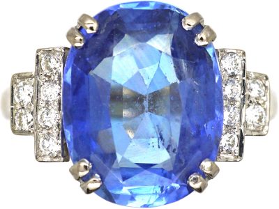 Art Deco 18ct White Gold, Sapphire Ring with Diamond Set Shoulders
