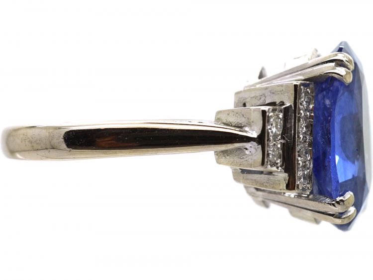 Art Deco 18ct White Gold, Sapphire Ring with Diamond Set Shoulders