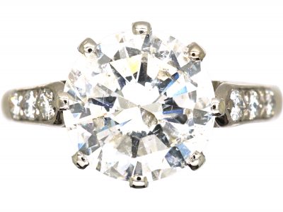 Art Deco 18ct White Gold & Platinum, Diamond Solitaire Ring with Diamond Set Shoulders
