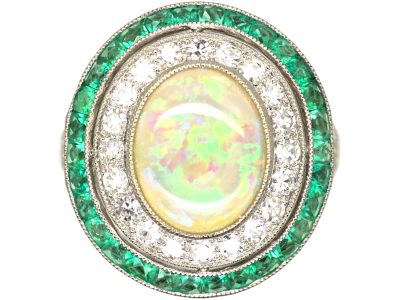 Platinum, Opal, Diamond & Emerald Large Cluster Ring