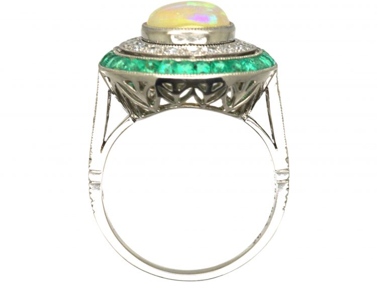 Platinum, Opal, Diamond & Emerald Large Cluster Ring
