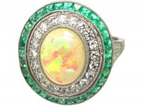 Platinum, Opal, Diamond & Emerald Large Cluster Ring