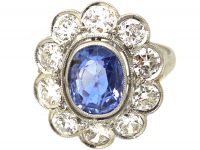 Early 20th Century French Platinum Large Sapphire & Diamond Cluster Ring