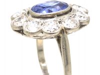 Early 20th Century French Platinum Large Sapphire & Diamond Cluster Ring
