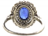 Early 20th Century Platinum, Sapphire & Diamond Oval Cluster Ring with Diamond Set Shoulders