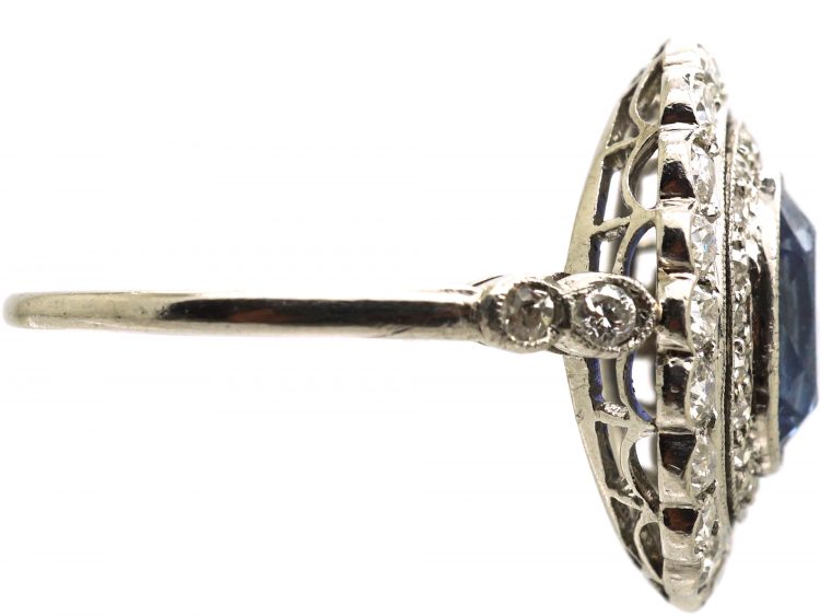 Early 20th Century Platinum, Sapphire & Diamond Oval Cluster Ring with Diamond Set Shoulders