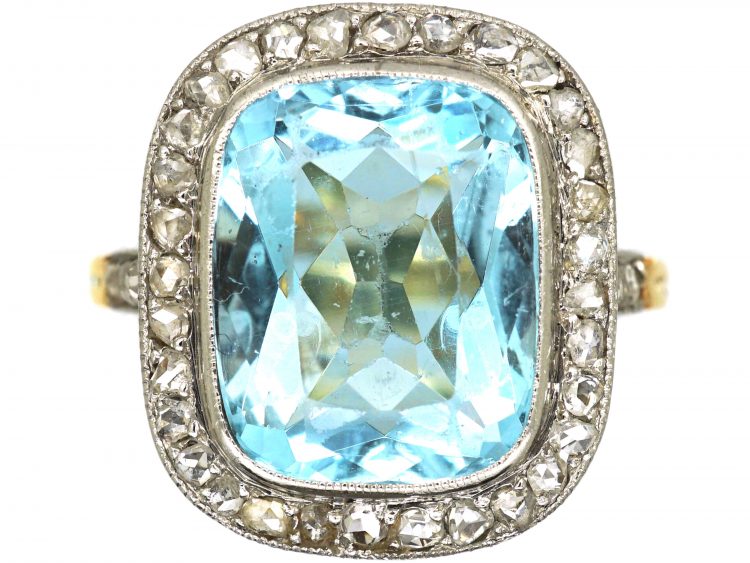 Early 20th Century 18ct Gold & Platinum, Aquamarine & Rose Diamond Ring