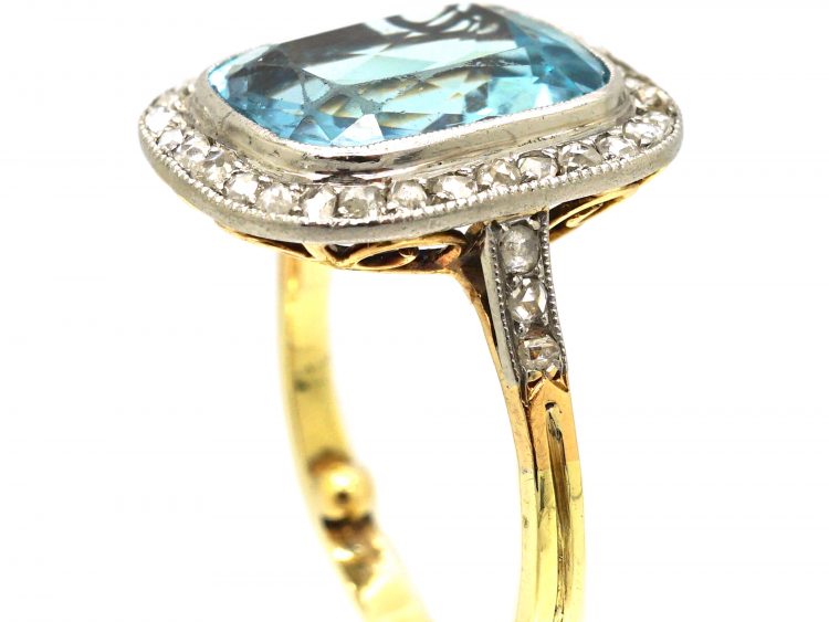 Early 20th Century 18ct Gold & Platinum, Aquamarine & Rose Diamond Ring