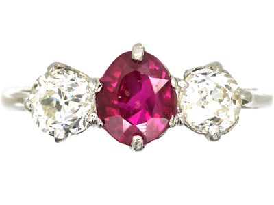 Early 20th Century Burma Ruby & Diamond Three Stone Ring