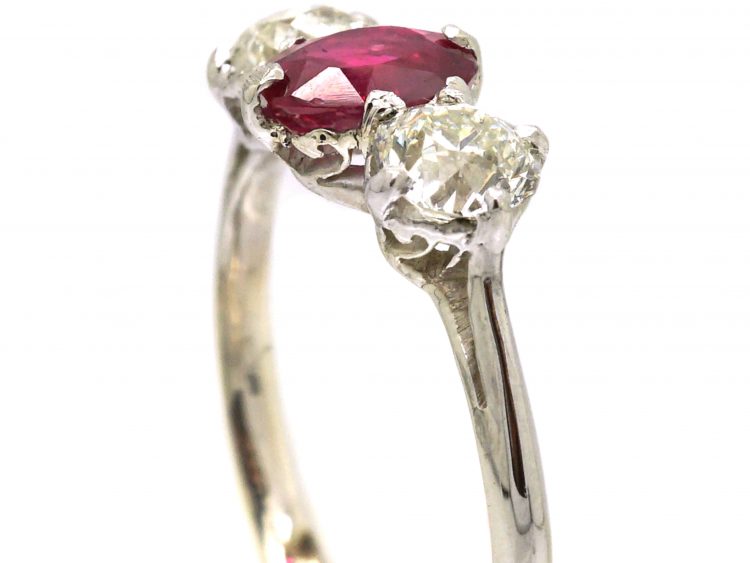 Early 20th Century Burma Ruby & Diamond Three Stone Ring
