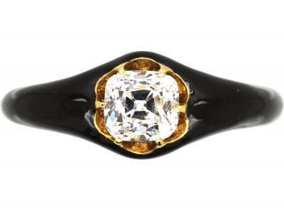 Georgian 18ct Gold & Black Enamel Mourning Ring set with a Cushion Cut Diamond with Locket Inside the Shank