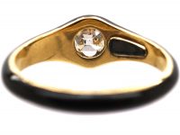 Georgian 18ct Gold & Black Enamel Mourning Ring set with a Cushion Cut Diamond with Locket Inside the Shank