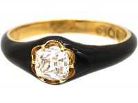 Georgian 18ct Gold & Black Enamel Mourning Ring set with a Cushion Cut Diamond with Locket Inside the Shank