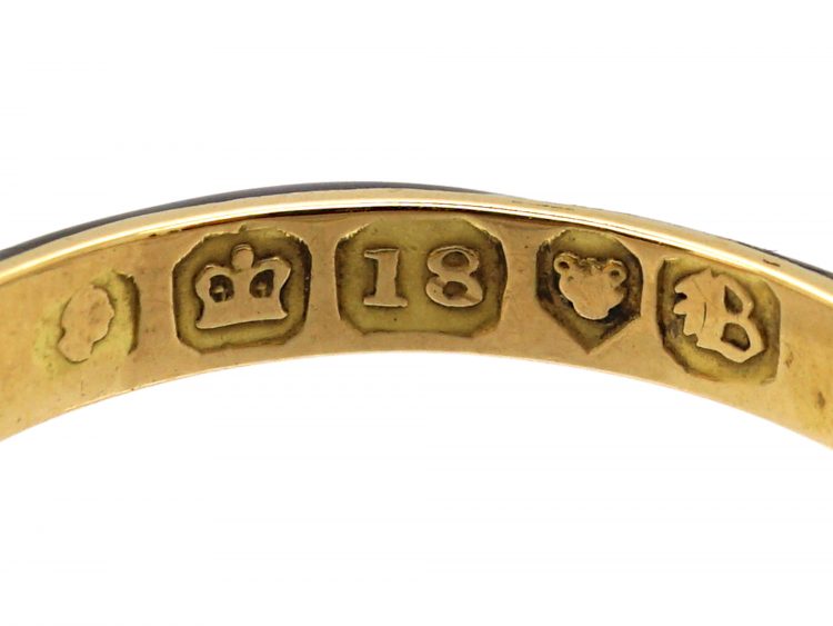 Georgian 18ct Gold & Black Enamel Mourning Ring set with a Cushion Cut Diamond with Locket Inside the Shank
