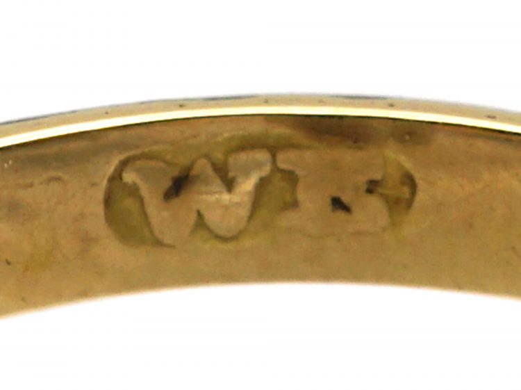 Georgian 18ct Gold & Black Enamel Mourning Ring set with a Cushion Cut Diamond with Locket Inside the Shank
