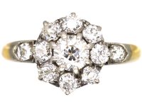 Edwardian 18ct Gold, Diamond Daisy Cluster Ring with Diamond Set Shoulders