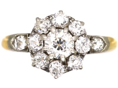 Edwardian 18ct Gold, Diamond Daisy Cluster Ring with Diamond Set Shoulders