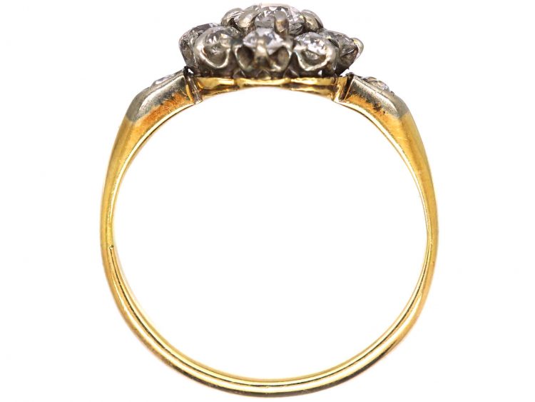 Edwardian 18ct Gold, Diamond Daisy Cluster Ring with Diamond Set Shoulders