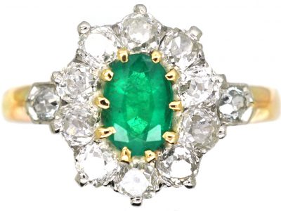 Edwardian 18ct Gold, Emerald & Diamond Cluster Ring with Diamond Set Shoulders