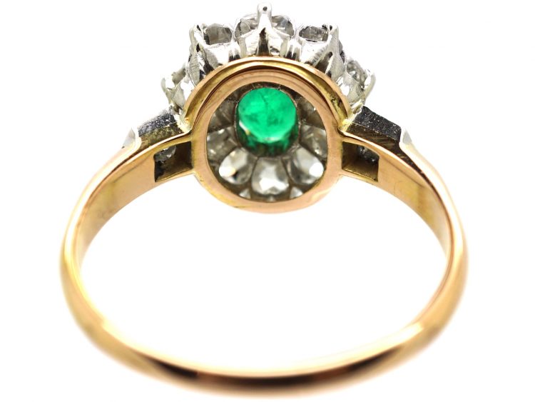 Edwardian 18ct Gold, Emerald & Diamond Cluster Ring with Diamond Set Shoulders