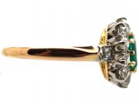 Edwardian 18ct Gold, Emerald & Diamond Cluster Ring with Diamond Set Shoulders