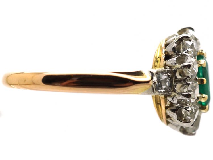 Edwardian 18ct Gold, Emerald & Diamond Cluster Ring with Diamond Set Shoulders