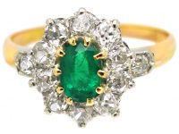Edwardian 18ct Gold, Emerald & Diamond Cluster Ring with Diamond Set Shoulders