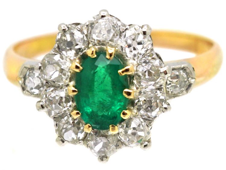 Edwardian 18ct Gold, Emerald & Diamond Cluster Ring with Diamond Set Shoulders