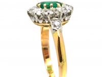 Edwardian 18ct Gold, Emerald & Diamond Cluster Ring with Diamond Set Shoulders