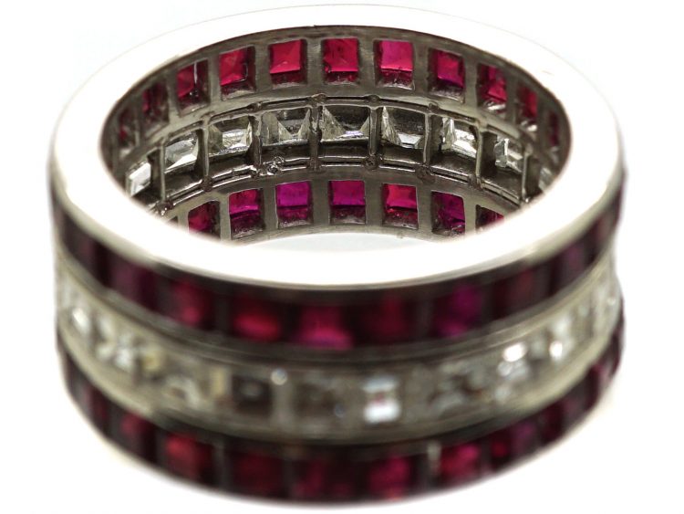 French Art Deco Platinum, Ruby & Diamond Triple Row Ring