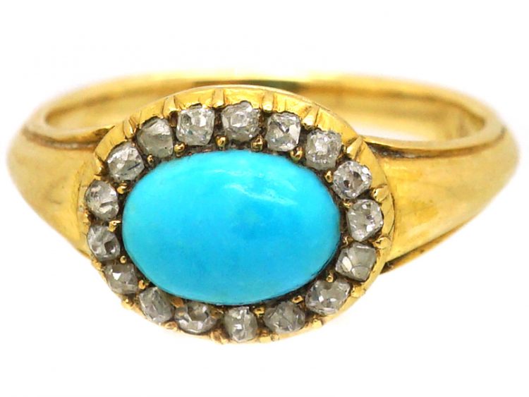 Victorian 18ct Gold, Turquoise & Diamond Cluster Ring