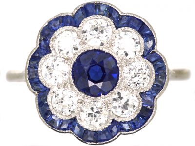 Early 20th Century Platinum, Sapphire & Diamond Cluster Ring with Scalloped Edge