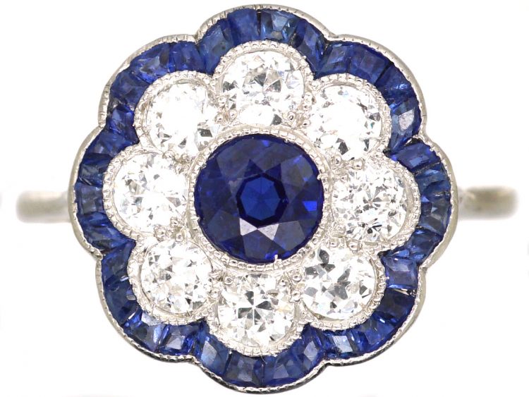 Early 20th Century Platinum, Sapphire & Diamond Cluster Ring with Scalloped Edge