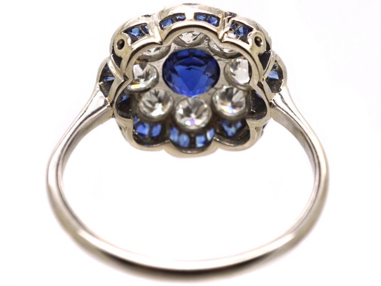 Early 20th Century Platinum, Sapphire & Diamond Cluster Ring with Scalloped Edge