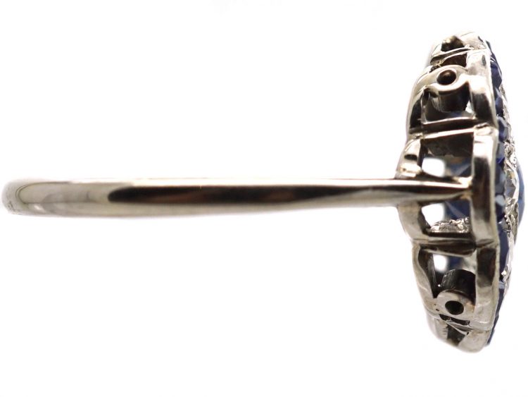 Early 20th Century Platinum, Sapphire & Diamond Cluster Ring with Scalloped Edge