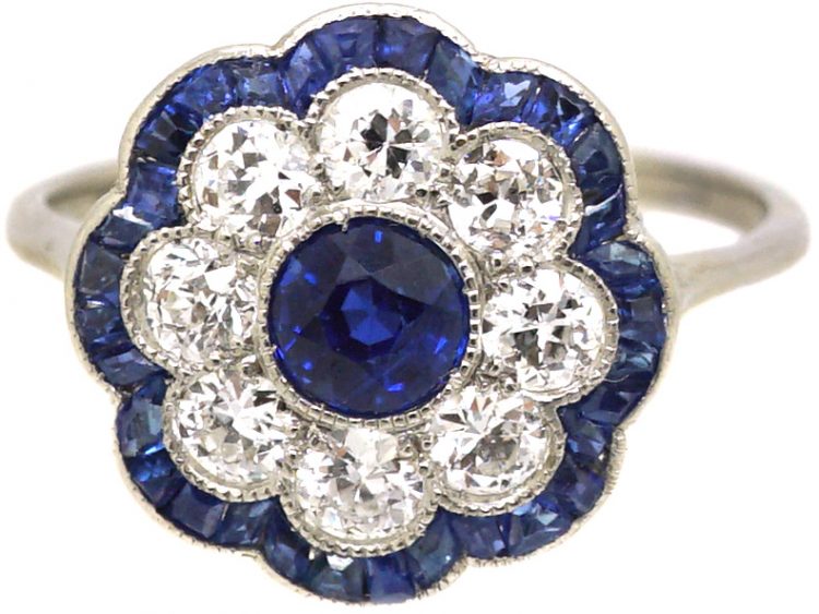 Early 20th Century Platinum, Sapphire & Diamond Cluster Ring with Scalloped Edge
