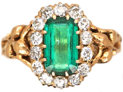 Art Nouveau 14ct Gold, Emerald & Diamond Cluster Ring with Ornate Shoulders