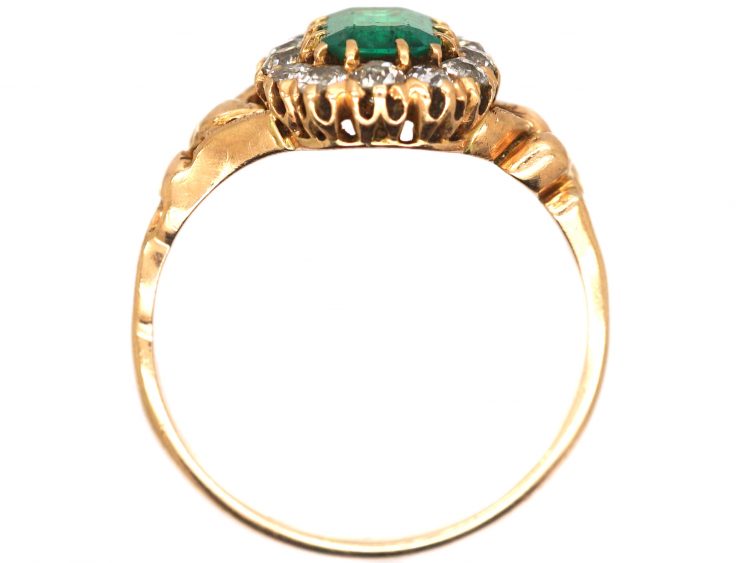 Art Nouveau 14ct Gold, Emerald & Diamond Cluster Ring with Ornate Shoulders