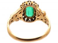 Art Nouveau 14ct Gold, Emerald & Diamond Cluster Ring with Ornate Shoulders