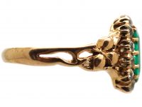 Art Nouveau 14ct Gold, Emerald & Diamond Cluster Ring with Ornate Shoulders