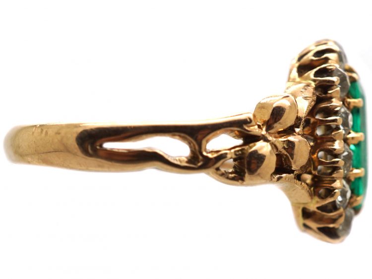 Art Nouveau 14ct Gold, Emerald & Diamond Cluster Ring with Ornate Shoulders