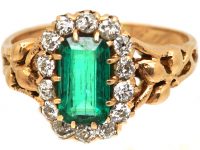 Art Nouveau 14ct Gold, Emerald & Diamond Cluster Ring with Ornate Shoulders