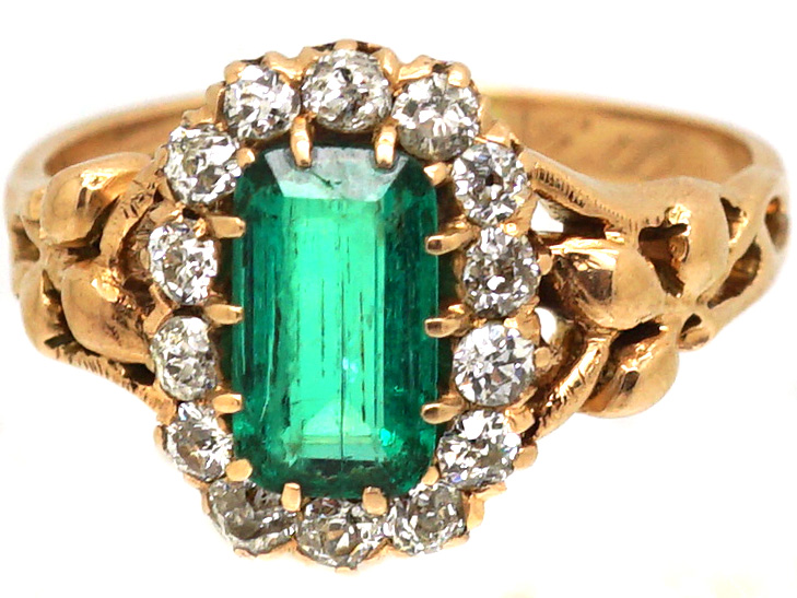 Art Nouveau 14ct Gold, Emerald & Diamond Cluster Ring with Ornate Shoulders